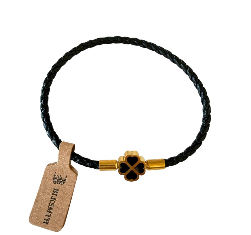 BLKSMTH 18K Gold Plated Clover Black Cowhide Leather Bracelet