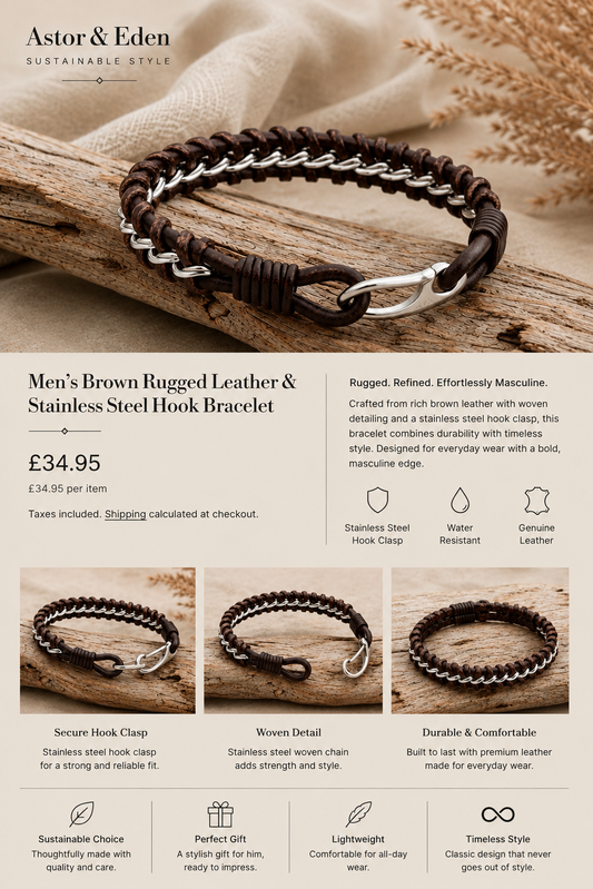 Men’s Brown Rugged Leather & Stainless Steel Hook Bracelet
