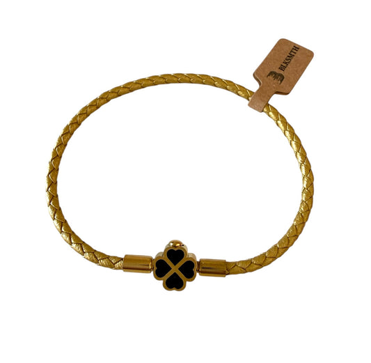 BLKSMTH 18K Gold Plated Clover Gold Cowhide Leather Bracelet