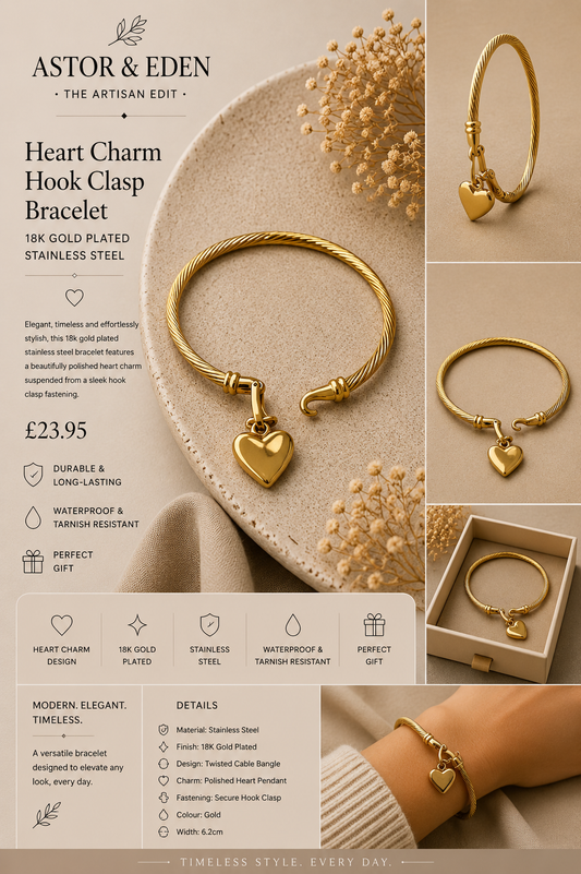 18k Gold Plated Heart Charm Hook Clasp Bracelet
