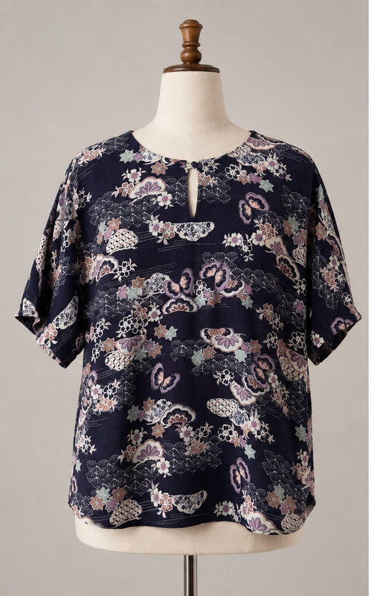 White Stuff Ladies Printed Blouse | UK 12 | Navy Multi | Viscose Linen Blend | Short Sleeve
