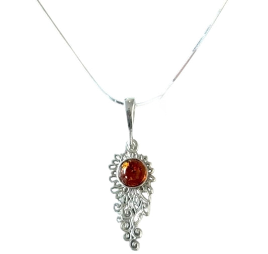 925 Sterling Silver Baltic Amber Filigree Necklace