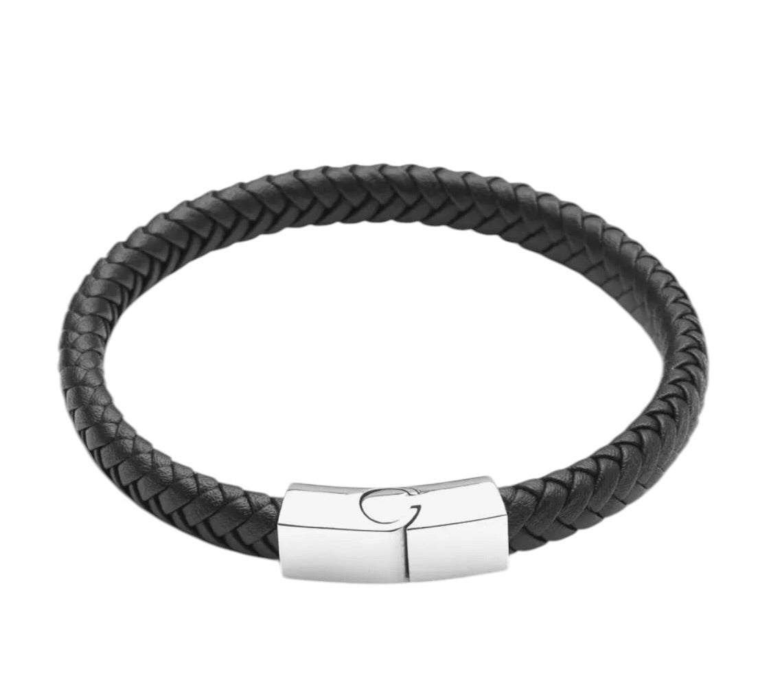 Men’s Black Braided Leather Stainless Steel Clasp Bracelet