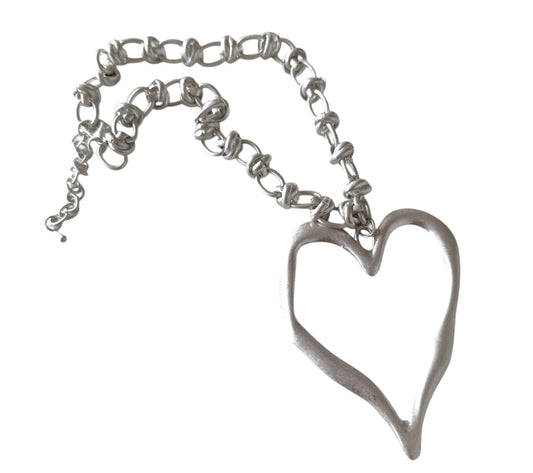 Statement Silver Tone Large Heart Pendant Necklace
