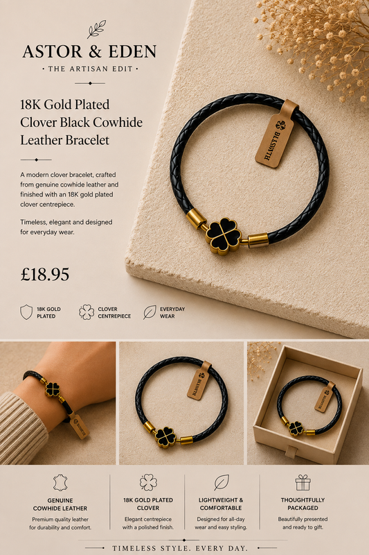 BLKSMTH 18K Gold Plated Clover -  Black Cowhide Leather Bracelet