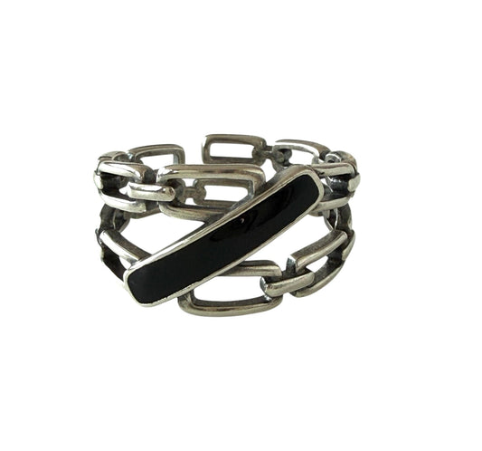 925 Sterling Silver Chain Link Ring with Black Inlay