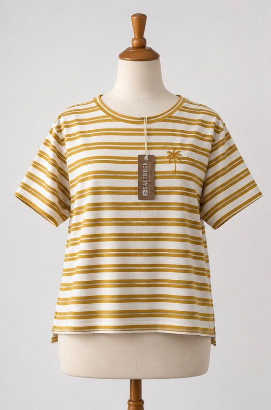 Saltrock Mustard & White Striped T-Shirt | Split Back Detail | 100% Cotton | Size 18