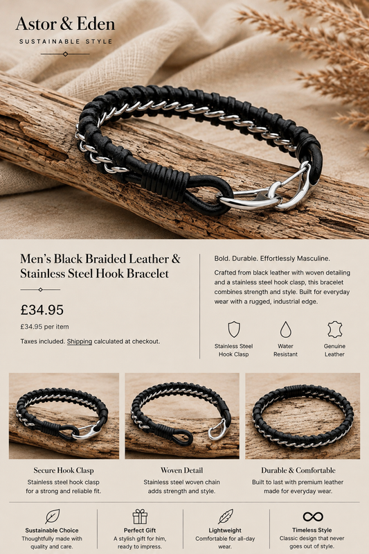 Men’s Black Braided Leather & Stainless Steel Hook Bracelet