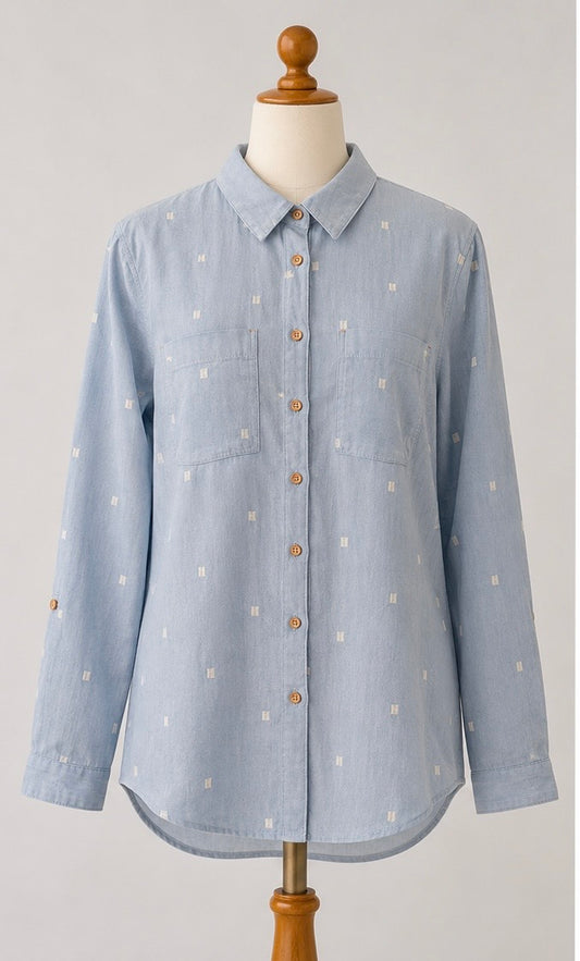 White Stuff Organic Cotton Embroidered Shirt | UK 14 | Light Blue