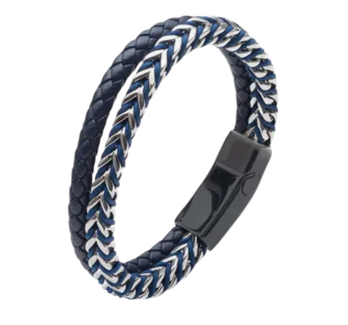 Men’s Blue Two-Strand Leather & Stainless Steel Bracelet