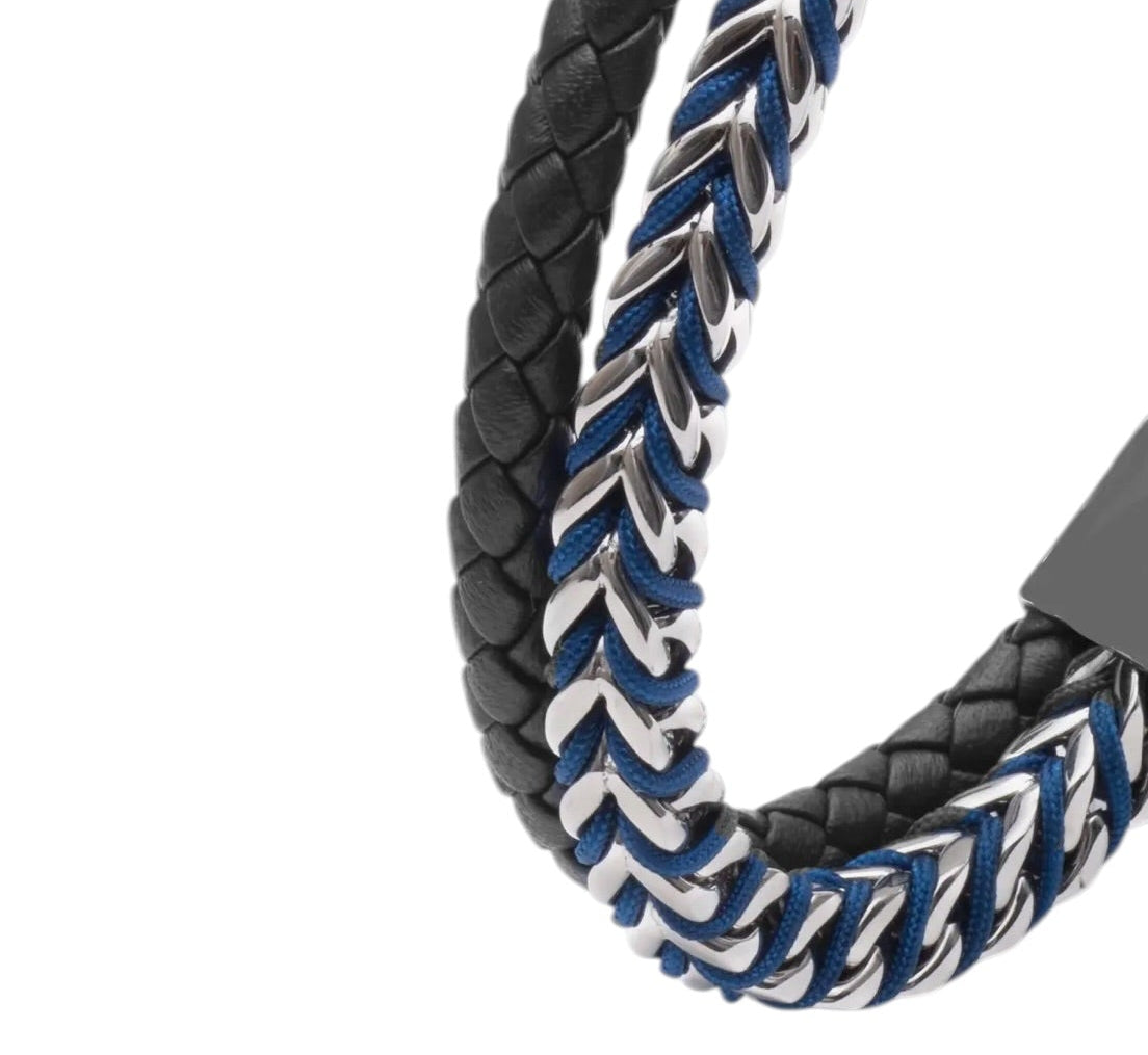 Men’s Blue Two-Strand Leather & Stainless Steel Bracelet