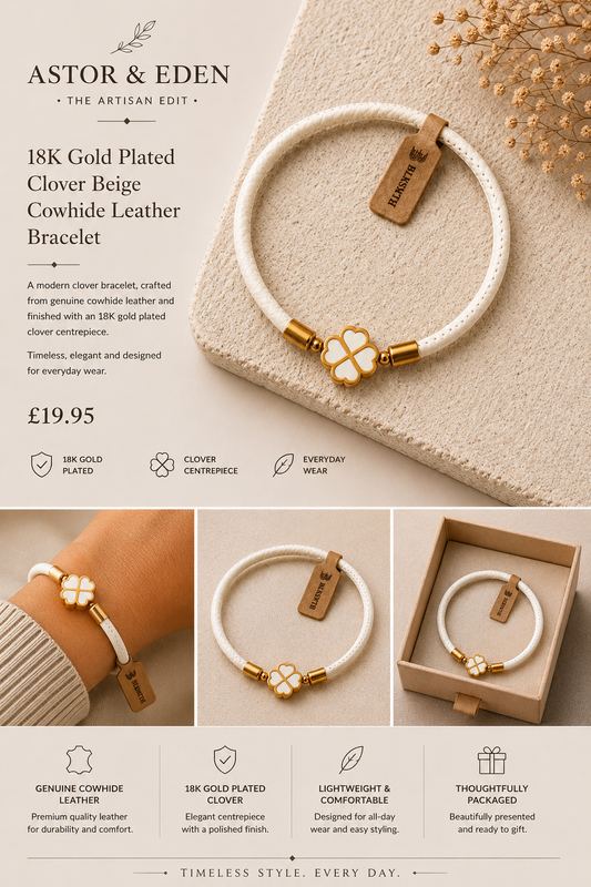 BLKSMTH 18K Gold Plated Clover Beige Cowhide Leather Bracelet