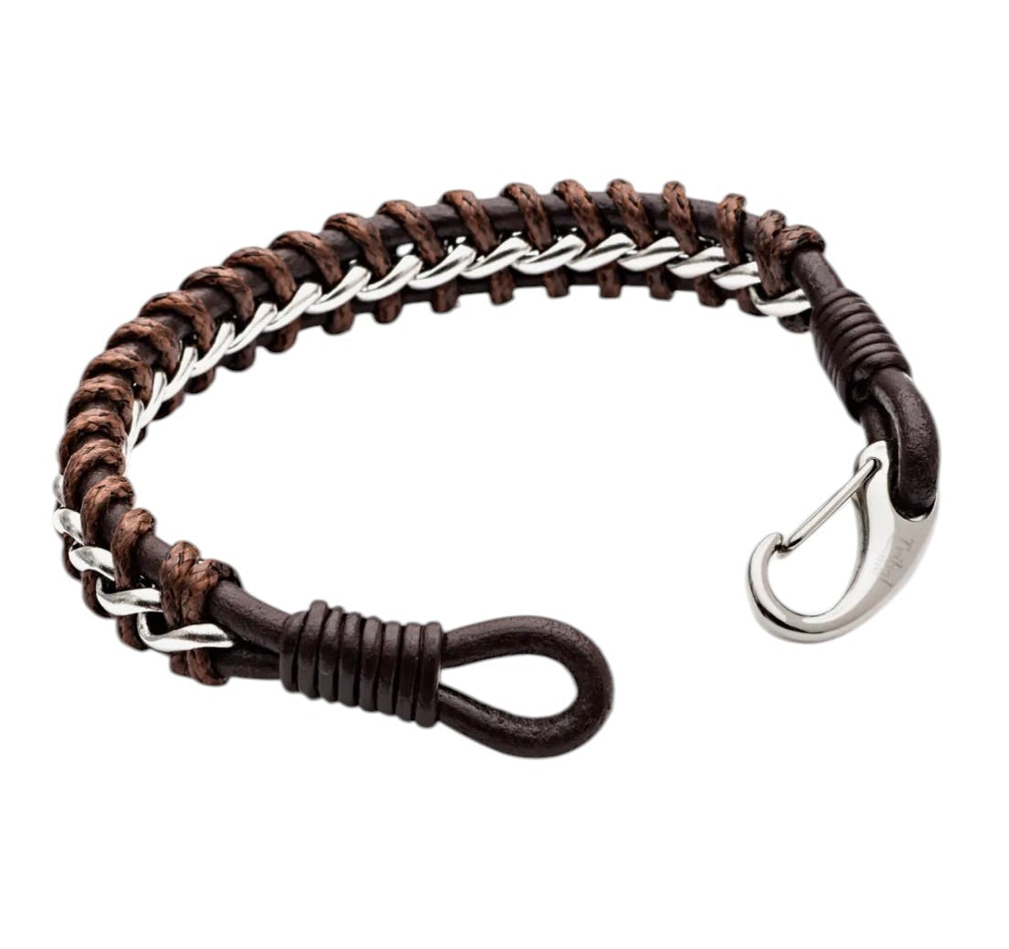 Men’s Brown Rugged Leather & Stainless Steel Hook Bracelet