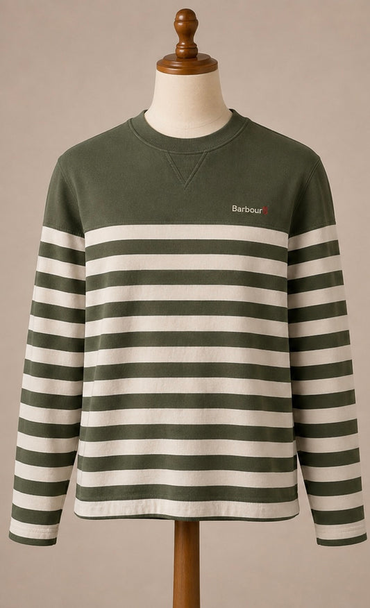 Barbour Olive Green & Cream Striped Sweatshirt | Men’s UK M