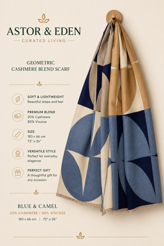 Astor & Eden | Geometric Cashmere Blend Scarf | Blue & Camel