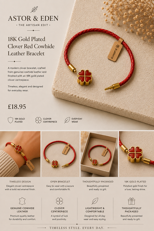 BLKSMTH 18K Gold Plated Clover Red Cowhide Leather Bracelet