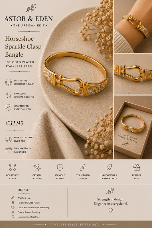 18k Gold Plated Stainless Steel Horseshoe Sparkle Clasp Bracelet
