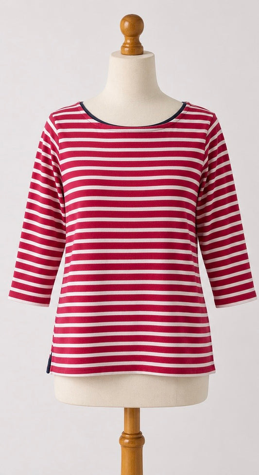 Charles Tyrwhitt Red & White Breton Stripe 3/4 Sleeve Top | S