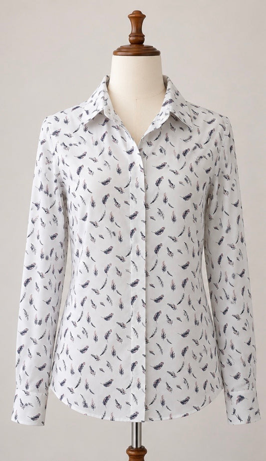 Charles Tyrwhitt Non Iron Feather Print Shirt | White | UK 12 | 100% Cotton