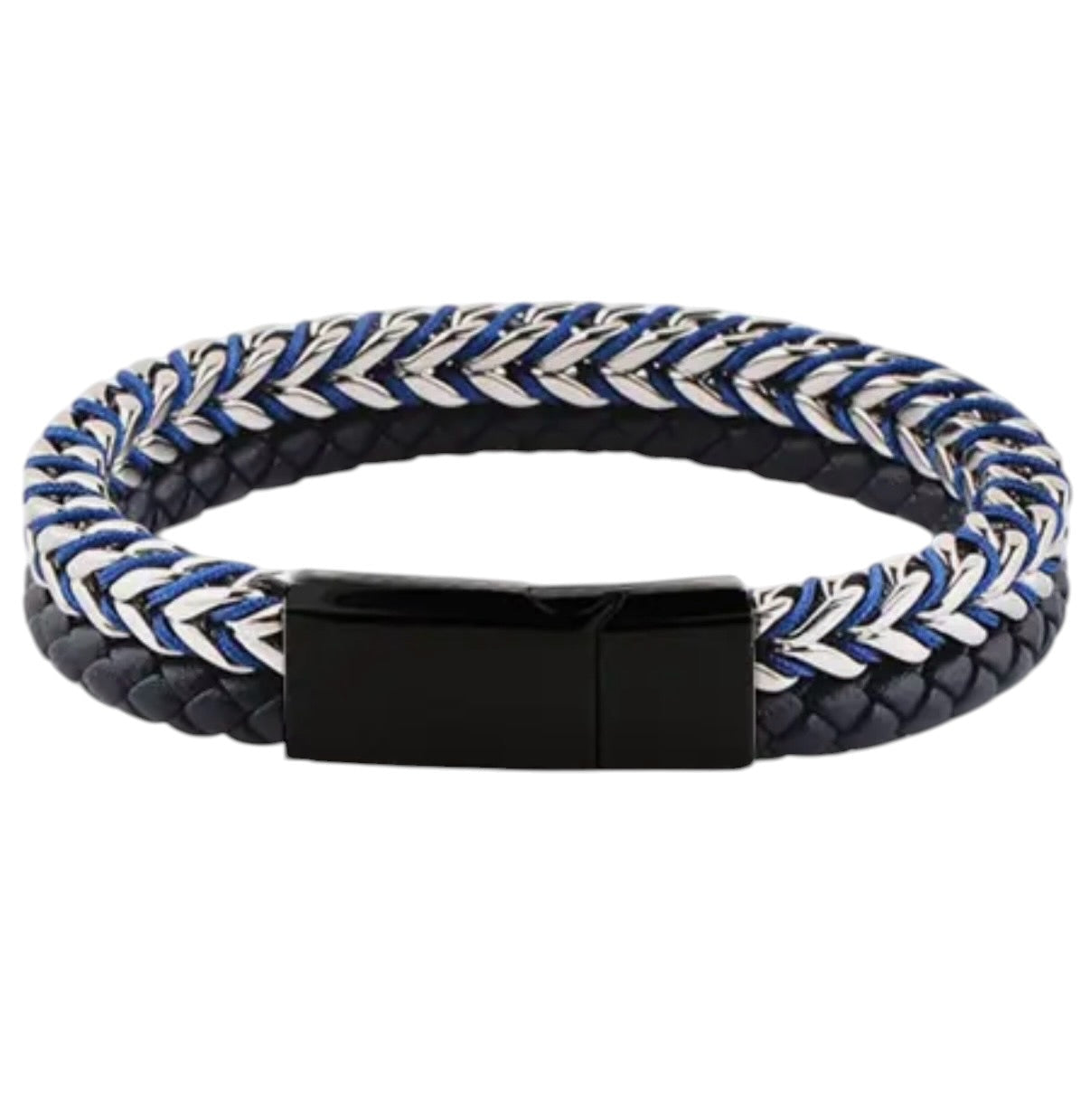 Men’s Blue Two-Strand Leather & Stainless Steel Bracelet