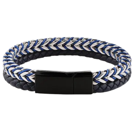 Men’s Blue Two-Strand Leather & Stainless Steel Bracelet