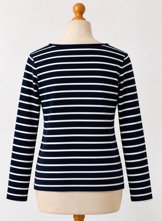 Crew Clothing Company Breton Stripe Top with Gold Button Detail | Navy & White | Size 10