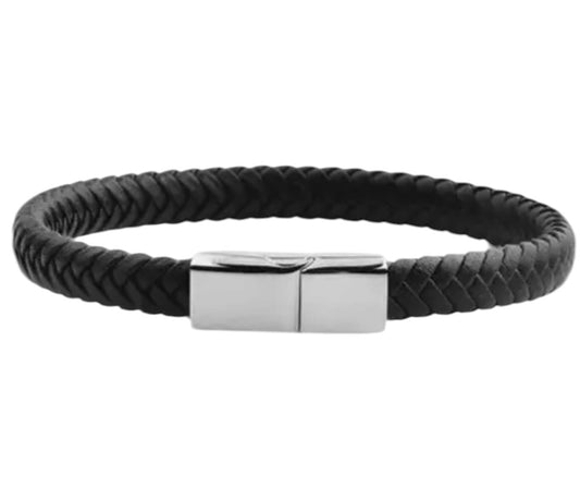 Men’s Black Braided Leather Stainless Steel Clasp Bracelet