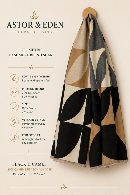 Astor & Eden | Geometric Cashmere Blend Scarf | Black & Camel