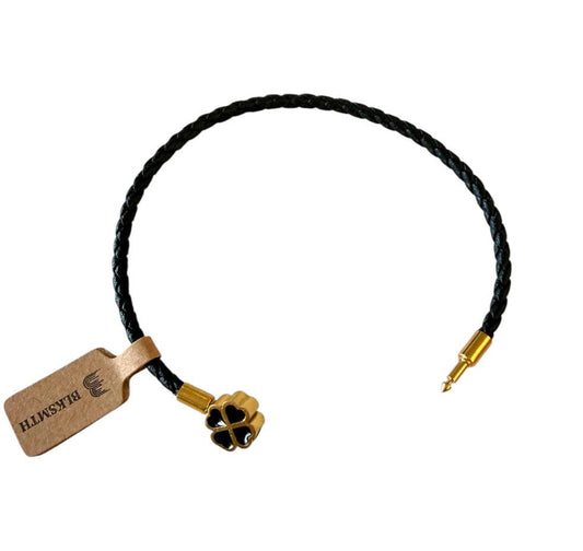 BLKSMTH 18K Gold Plated Clover Black Cowhide Leather Bracelet
