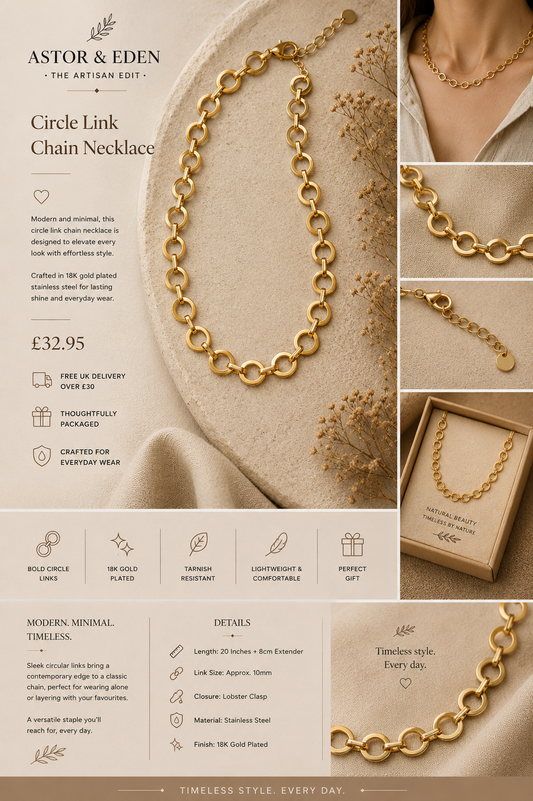 18k Gold Plated Circle Link Chain Necklace