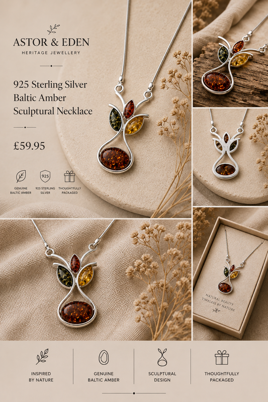 925 Sterling Silver Baltic Amber Statement Drop Necklace