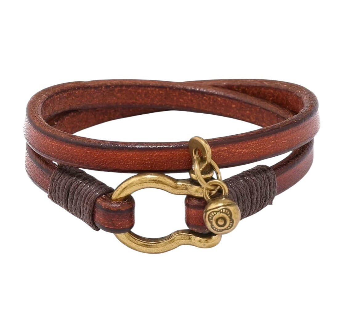 Brown Leather Wrap Bracelet with 18k Gold Plated Horseshoe Carabiner Clasp