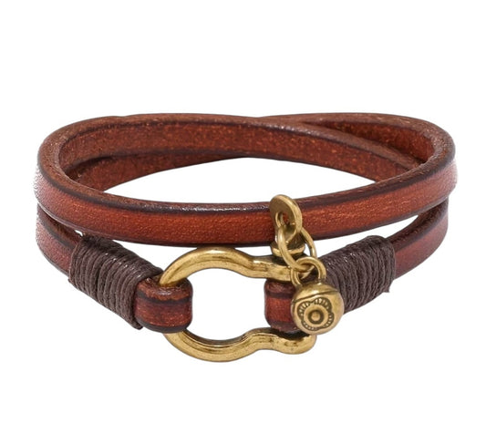 Brown Leather Wrap Bracelet with 18k Gold Plated Horseshoe Carabiner Clasp