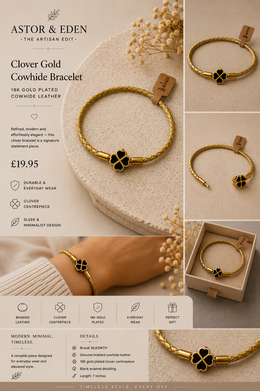 BLKSMTH 18K Gold Plated Clover Gold Cowhide Leather Bracelet