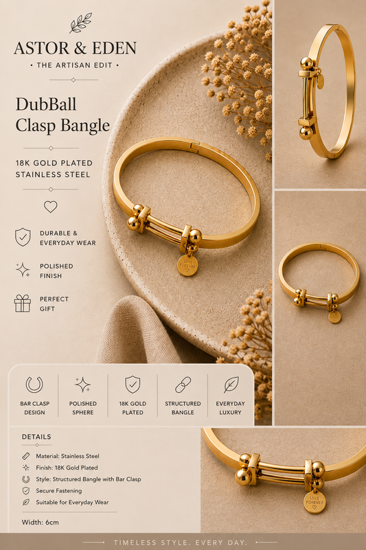18k Gold Plated Stainless Steel DubBall Clasp Bangle Bracelet