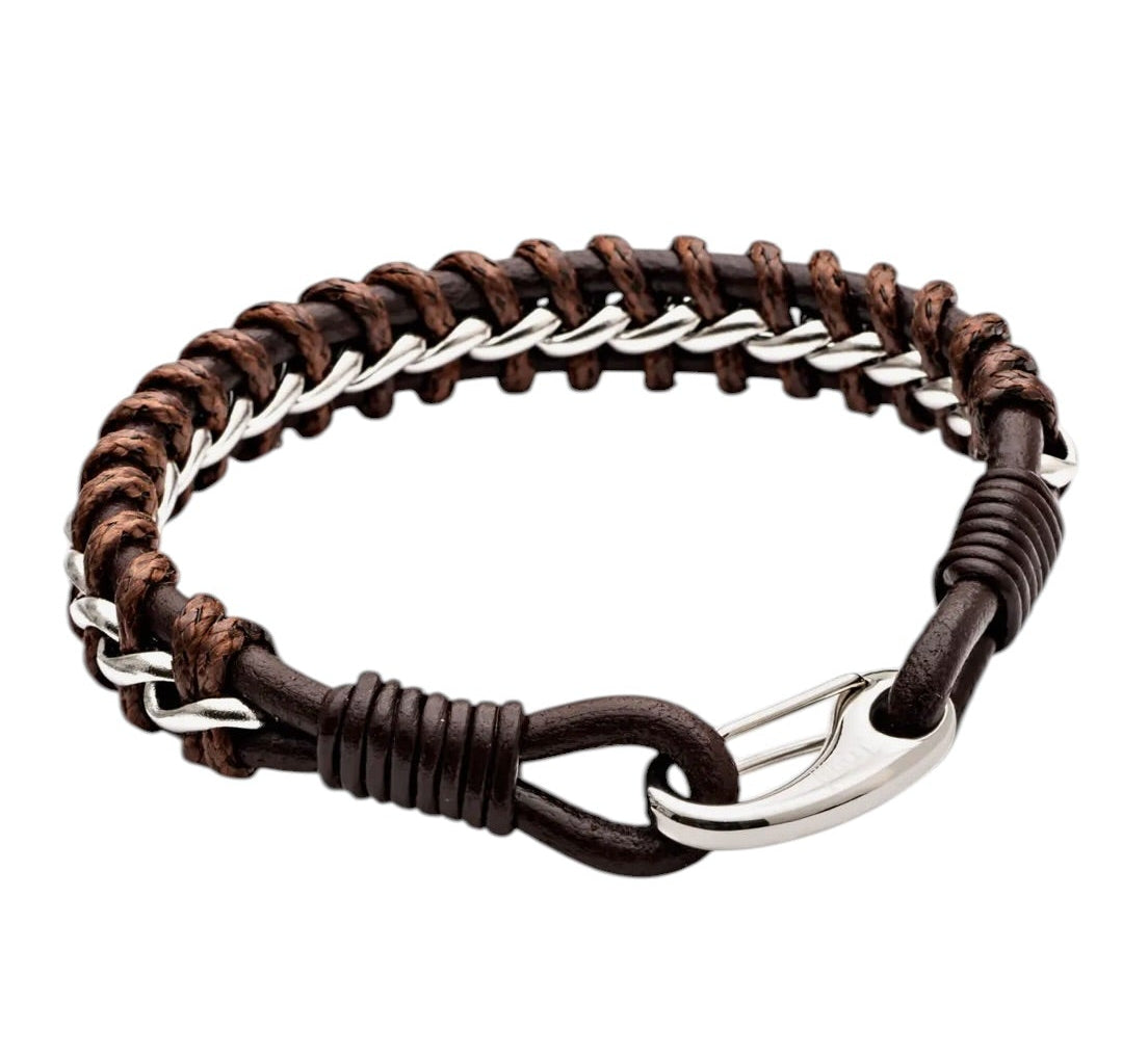 Men’s Brown Rugged Leather & Stainless Steel Hook Bracelet