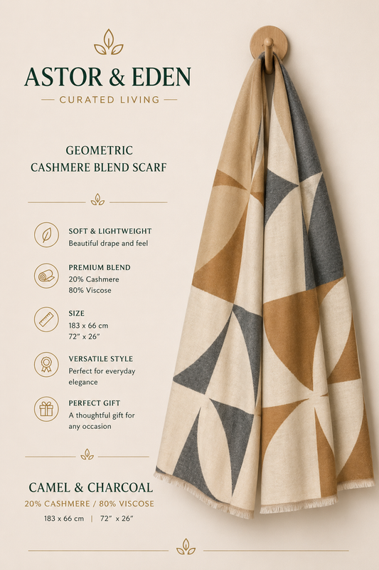 Astor & Eden | Geometric Cashmere Blend Scarf | Camel & Charcoal