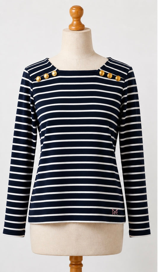 Crew Clothing Company Breton Stripe Top with Gold Button Detail | Navy & White | Size 10