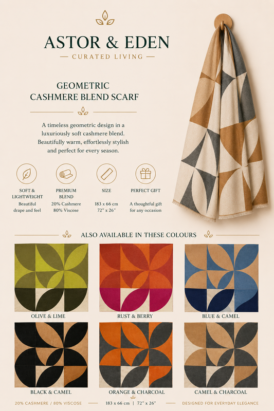 Astor & Eden | Geometric Cashmere Blend Scarf | Blue & Camel