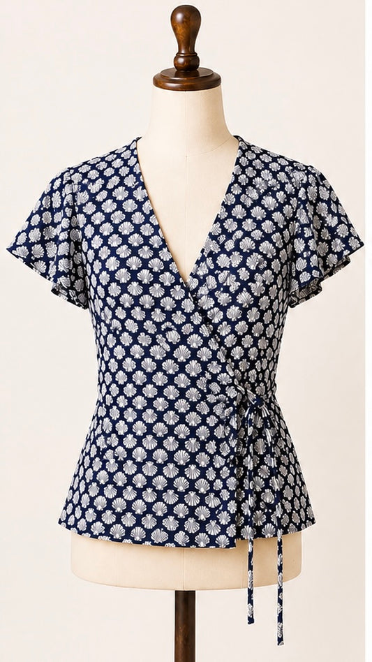 Hobbs Navy Shell Print Wrap Top | Size XS