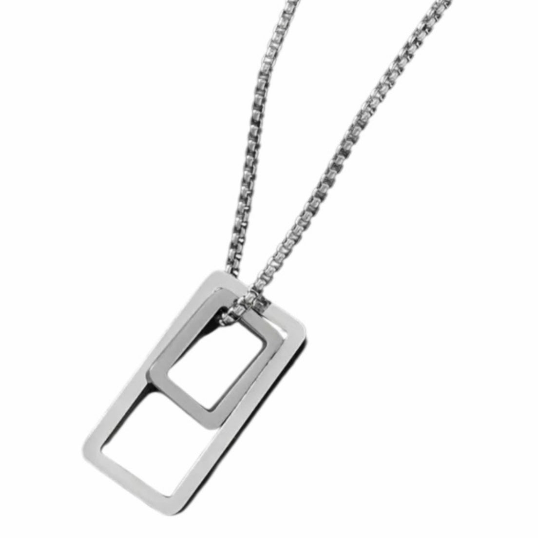 Silver necklace with a rectangular pendant on a white background