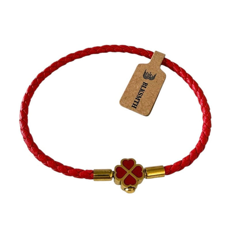 BLKSMTH 18K Gold Plated Clover Red Cowhide Leather Bracelet