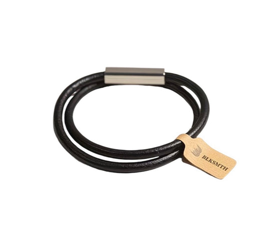 BLKSMTH Black Cowhide Leather Stainless Steel Double Wrap Bracelet