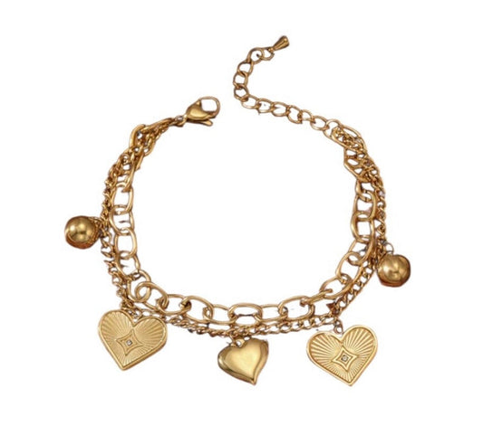 18k Gold Plated Double Chain Heart Bracelet